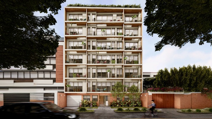 Fachada principal del proyecto Essenza 117 en Santiago De Surco