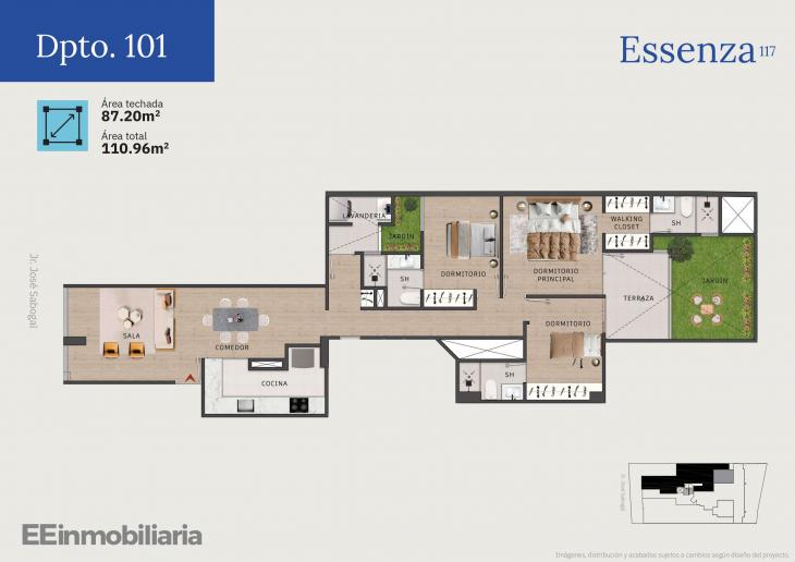 Plano del modelo Dpto. 101 del proyecto Essenza 117 en Santiago De Surco