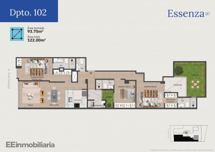 Plano del modelo Dpto. 102 del proyecto Essenza 117 en Santiago De Surco