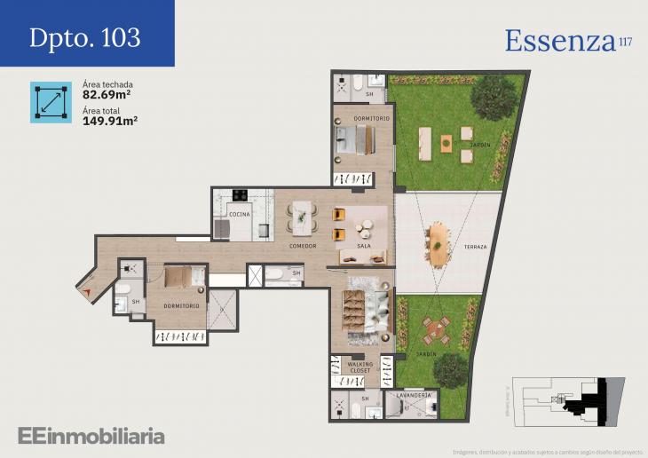 Plano del modelo Dpto. 103 del proyecto Essenza 117 en Santiago De Surco
