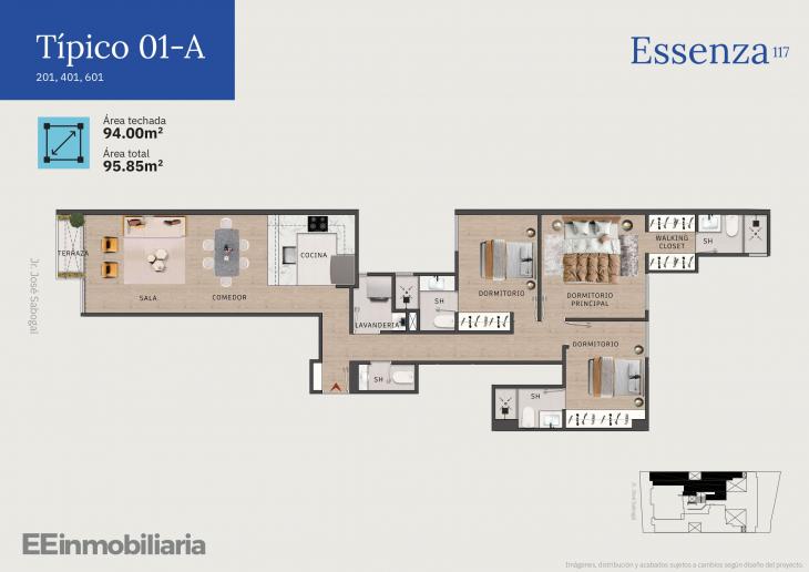 Plano del modelo Típico 1-A del proyecto Essenza 117 en Santiago De Surco