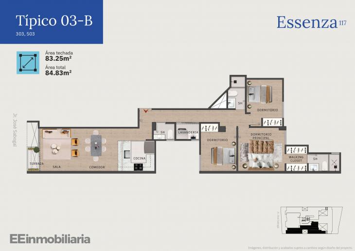 Plano del modelo Típico 3-B del proyecto Essenza 117 en Santiago De Surco