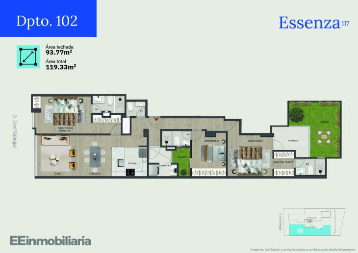 Plano del modelo Dpto. 102 del proyecto Essenza 117 en Santiago De Surco