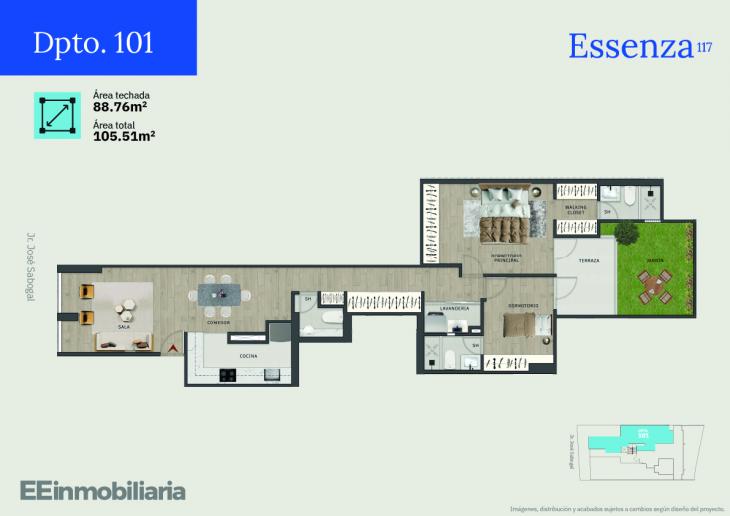 Plano del modelo Dpto. 101 del proyecto Essenza 117 en Santiago De Surco
