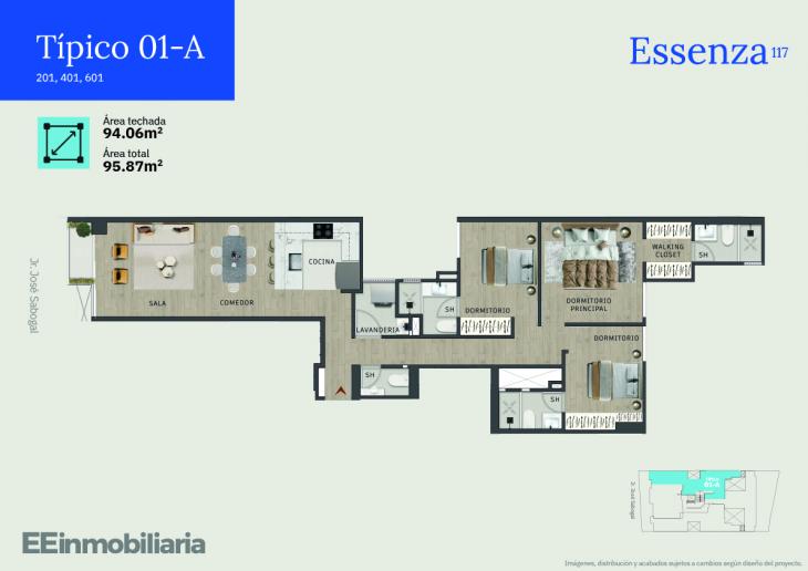 Plano del modelo Típico 1-A del proyecto Essenza 117 en Santiago De Surco