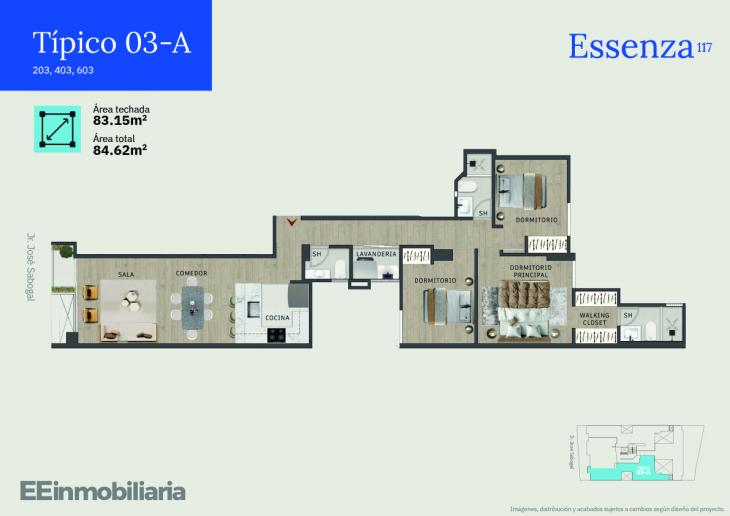 Plano del modelo Típico 3-A del proyecto Essenza 117 en Santiago De Surco