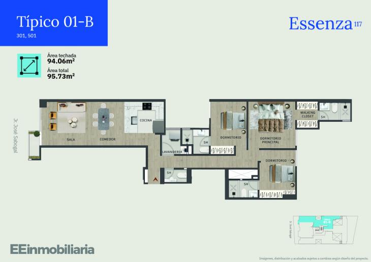 Plano del modelo Típico 1-B del proyecto Essenza 117 en Santiago De Surco