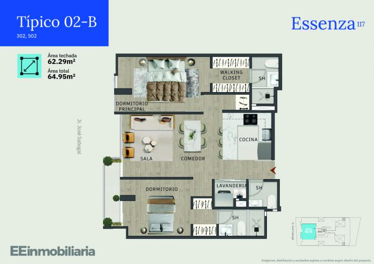 Plano del modelo Típico 2-B del proyecto Essenza 117 en Santiago De Surco