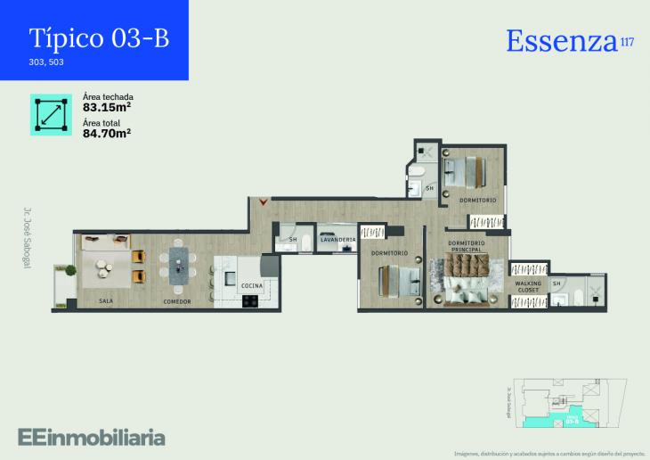 Plano del modelo Típico 3-B del proyecto Essenza 117 en Santiago De Surco