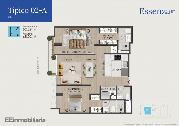 Plano del modelo Típico 2-A del proyecto Essenza 117 en Santiago De Surco
