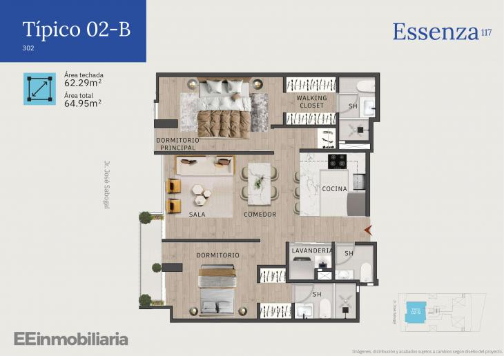 Plano del modelo Típico 2-B del proyecto Essenza 117 en Santiago De Surco