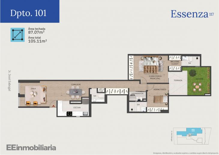 Plano del modelo Dpto. 101 del proyecto Essenza 117 en Santiago De Surco