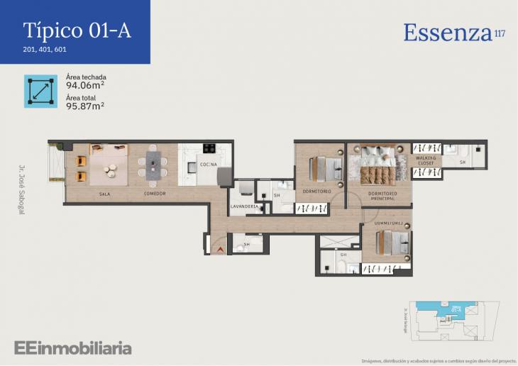 Plano del modelo Típico 1-A del proyecto Essenza 117 en Santiago De Surco