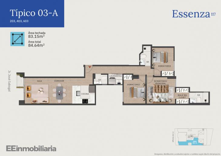 Plano del modelo Típico 3-A del proyecto Essenza 117 en Santiago De Surco
