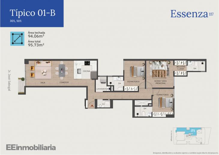 Plano del modelo Típico 1-B del proyecto Essenza 117 en Santiago De Surco