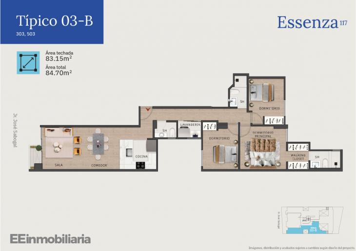 Plano del modelo Típico 3-B del proyecto Essenza 117 en Santiago De Surco