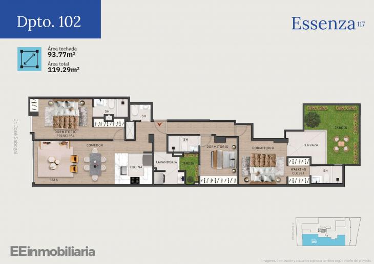 Plano del modelo Dpto. 102 del proyecto Essenza 117 en Santiago De Surco