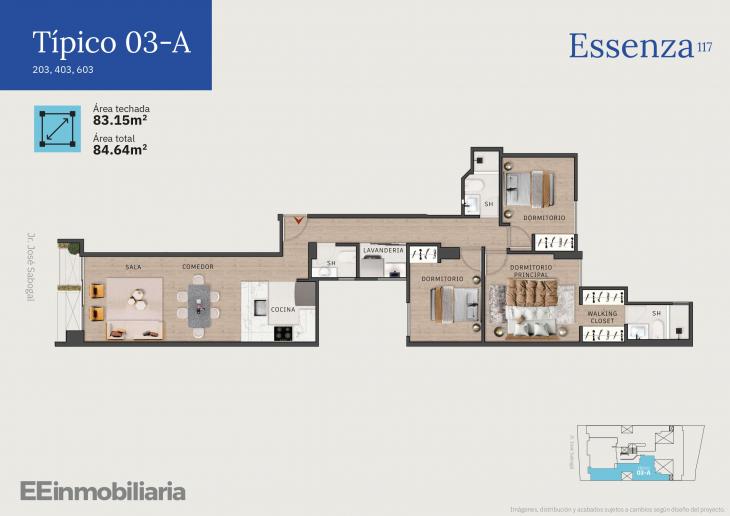 Plano del modelo Típico 3-A del proyecto Essenza 117 en Santiago De Surco