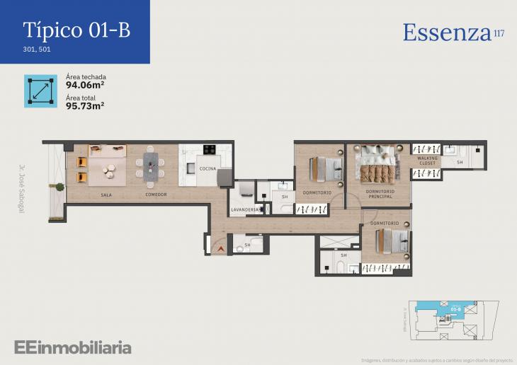 Plano del modelo Típico 1-B del proyecto Essenza 117 en Santiago De Surco