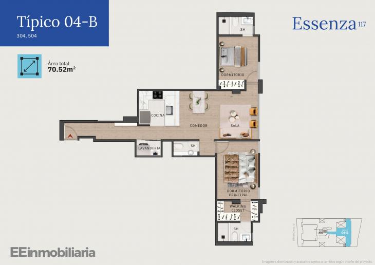 Plano del modelo Típico 4-B del proyecto Essenza 117 en Santiago De Surco