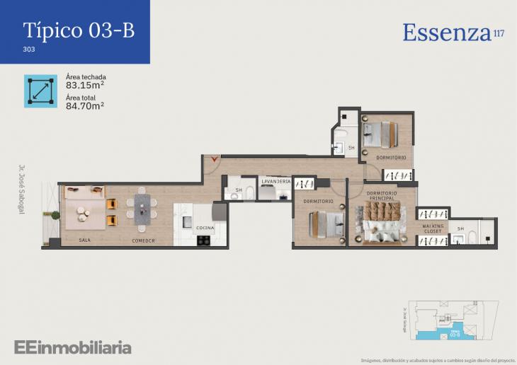 Plano del modelo Típico 3-B del proyecto Essenza 117 en Santiago De Surco