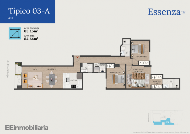 Plano del modelo Típico 3-A del proyecto Essenza 117 en Santiago De Surco