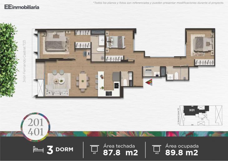 Plano del modelo Dpto. 201 - 401 del proyecto Parque Martinelli en Santiago De Surco