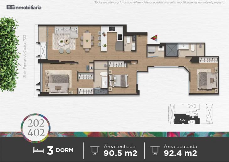Plano del modelo Dpto. 202 - 402 del proyecto Parque Martinelli en Santiago De Surco