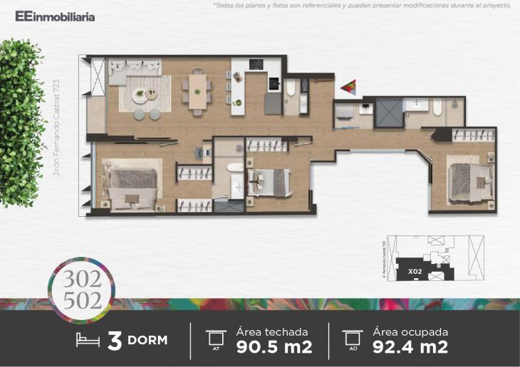 Plano del modelo Dpto. 302 - 502 del proyecto Parque Martinelli en Santiago De Surco