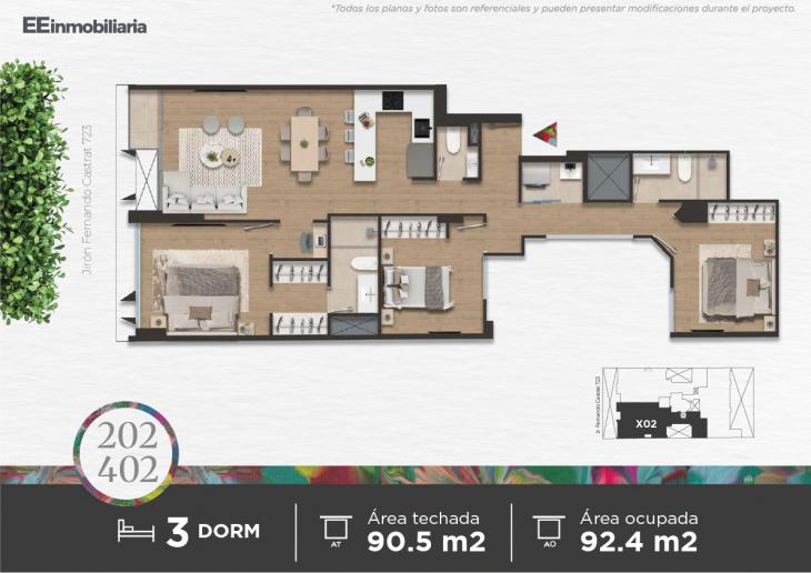 Plano del modelo Dpto. 202 - 402 del proyecto Parque Martinelli en Santiago De Surco