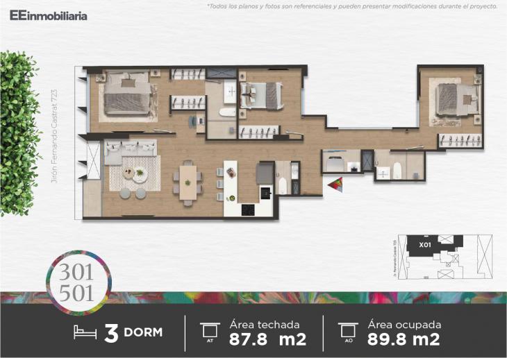 Plano del modelo Dpto. 301 - 501 del proyecto Parque Martinelli en Santiago De Surco