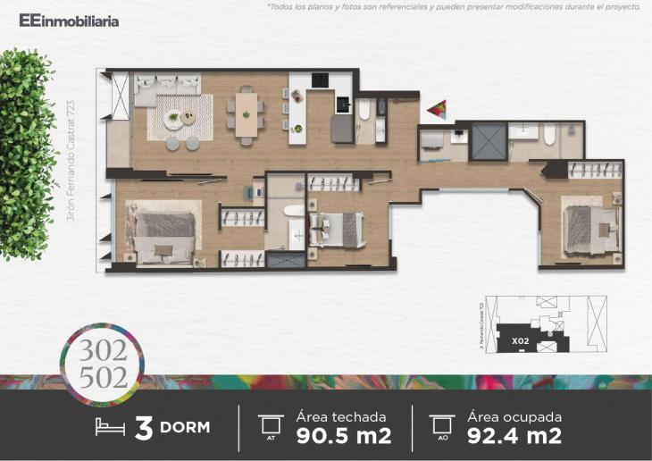 Plano del modelo Dpto. 302 - 502 del proyecto Parque Martinelli en Santiago De Surco