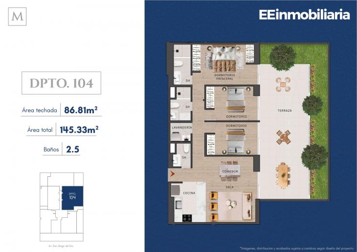 Plano del modelo Dpto. 104 del proyecto MONTELIER en Santiago De Surco