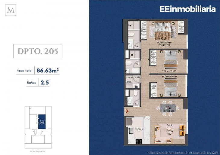 Plano del modelo Dpto. 205 del proyecto MONTELIER en Santiago De Surco