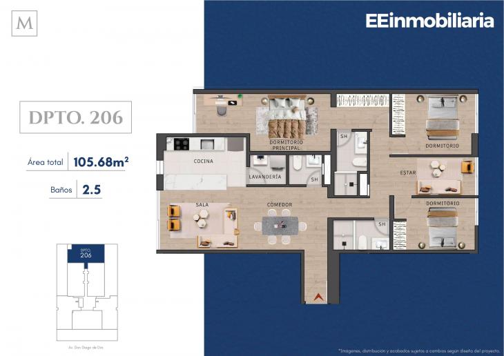 Plano del modelo Dpto. 206 del proyecto MONTELIER en Santiago De Surco