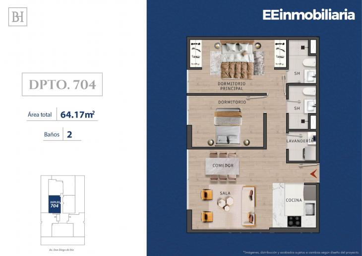 Plano del modelo Dpto. 704 del proyecto MONTELIER en Santiago De Surco