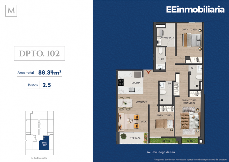 Plano del modelo Dpto. 102 del proyecto MONTELIER en Santiago De Surco