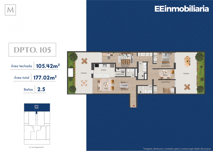Plano del modelo Dpto. 105 del proyecto MONTELIER en Santiago De Surco