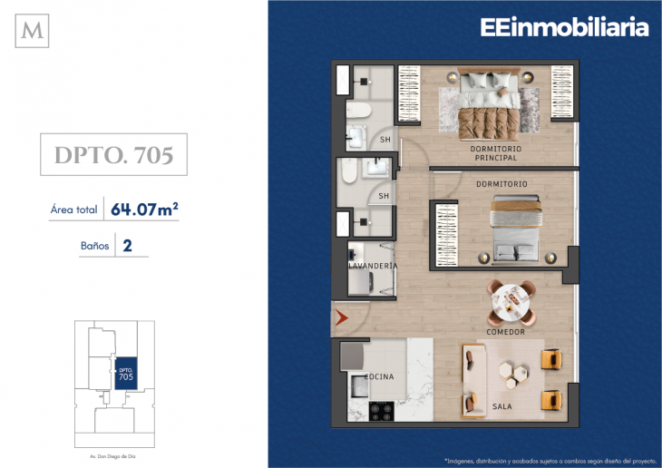 Plano del modelo Dpto. 705 del proyecto MONTELIER en Santiago De Surco