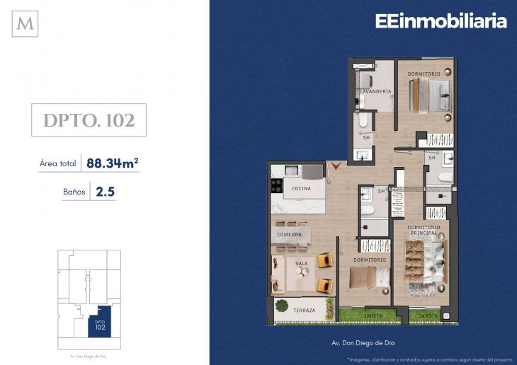 Plano del modelo Dpto. 102 del proyecto MONTELIER en Santiago De Surco