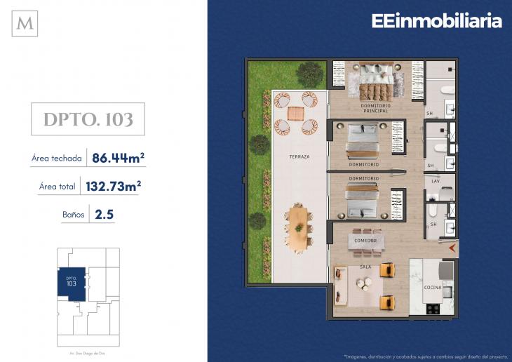 Plano del modelo Dpto. 103 del proyecto MONTELIER en Santiago De Surco
