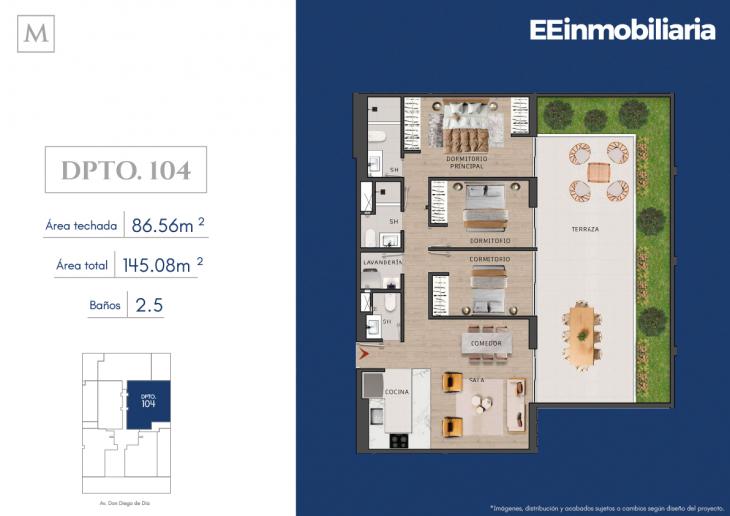Plano del modelo Dpto. 104 del proyecto MONTELIER en Santiago De Surco