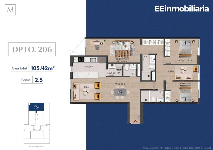 Plano del modelo Dpto. 206 del proyecto MONTELIER en Santiago De Surco