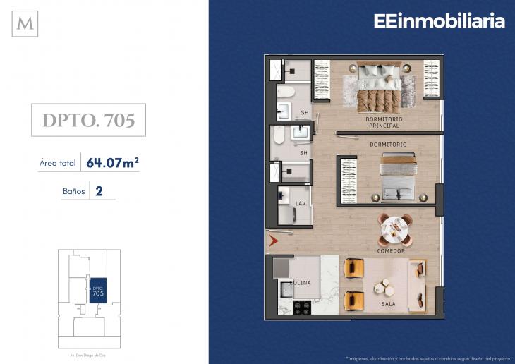 Plano del modelo Dpto. 705 del proyecto MONTELIER en Santiago De Surco