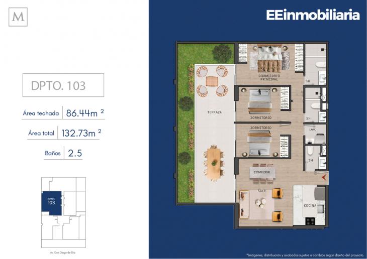 Plano del modelo Dpto. 103 del proyecto MONTELIER en Santiago De Surco