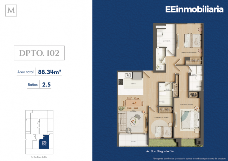Plano del modelo Dpto. 102 del proyecto Montelier en Santiago De Surco