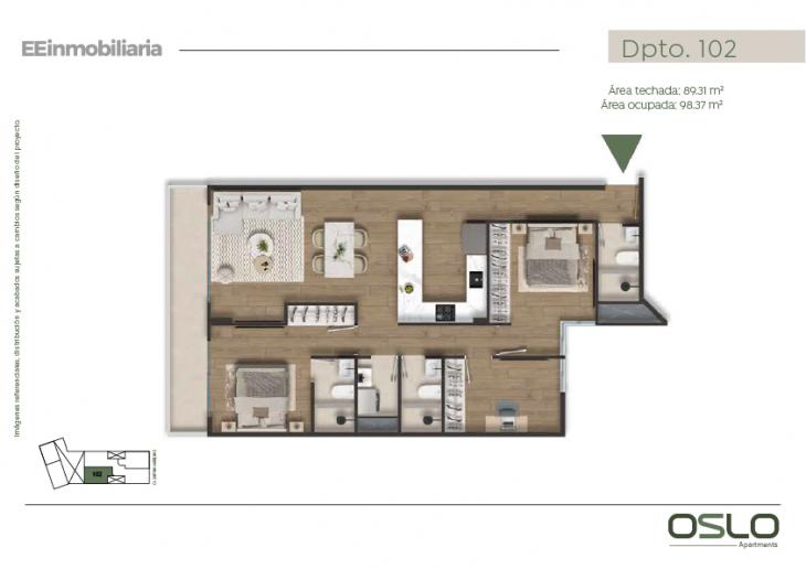 Plano del modelo Dpto. 102 del proyecto Oslo Apartments en Miraflores