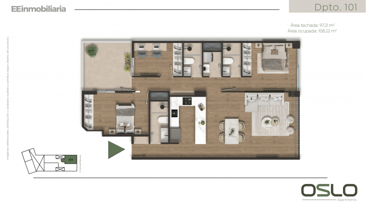 Plano del modelo Dpto. 101 del proyecto Oslo Apartments en Miraflores