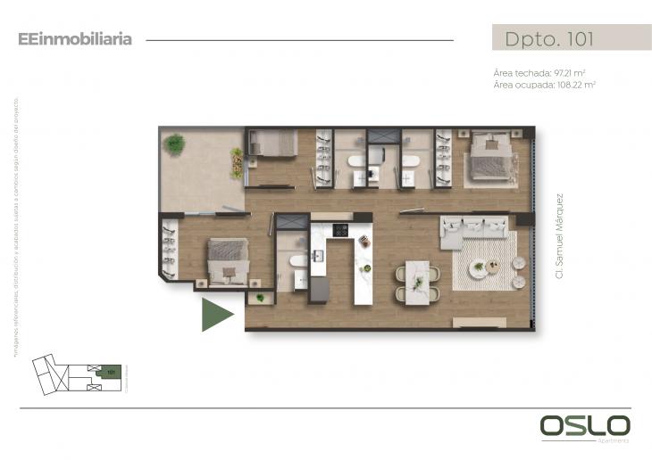 Plano del modelo Dpto. 101 del proyecto Oslo Apartments en Miraflores