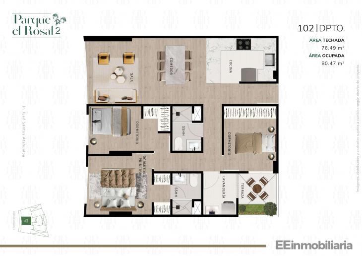 Plano del modelo Dpto 102 del proyecto Parque El Rosal 2 en Santiago De Surco